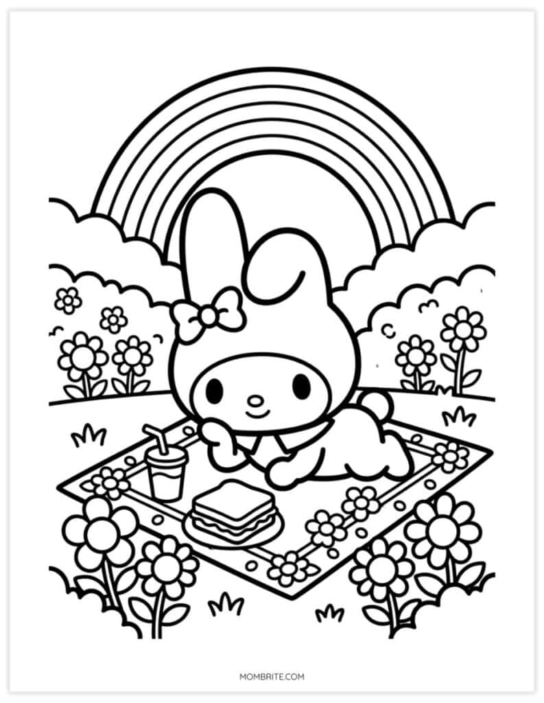 My Melody coloring sheet of a bunny having a picnic under a rainbow with a sandwich and juice