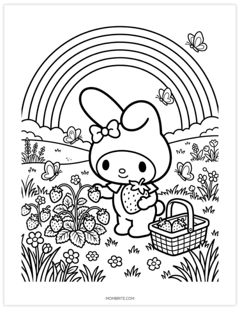 My Melody coloring sheet of a bunny picking strawberries under a rainbow with butterflies