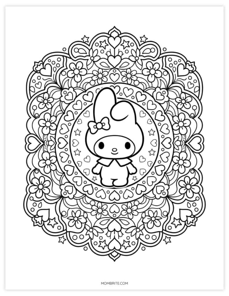 My Melody mandala coloring page for adults with a bunny framed by hearts and flowers