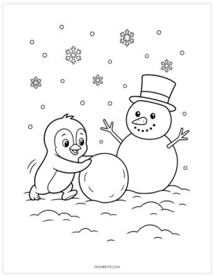 Penguin building a snowman coloring page