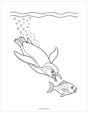 Penguin diving after a fish underwater coloring page