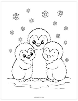 Three baby penguin chicks huddled together coloring page