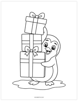 Penguin carrying a stack of Christmas presents coloring page