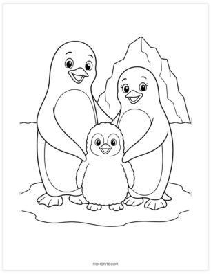 Penguin family with two adults and a baby chick coloring page