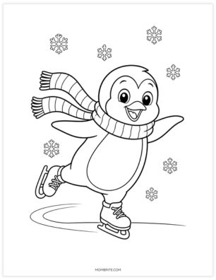 Penguin ice skating with a flowing scarf coloring page