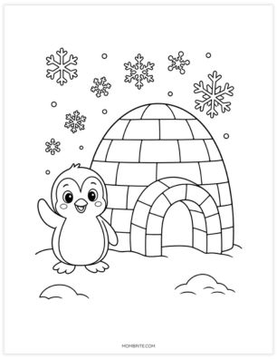Penguin waving next to an igloo in the snow coloring page