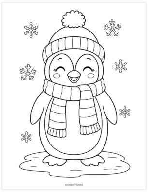 Penguin wearing a winter scarf and pom-pom hat coloring page