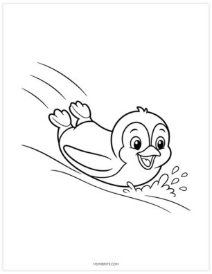 Penguin sliding on its belly across the ice coloring page