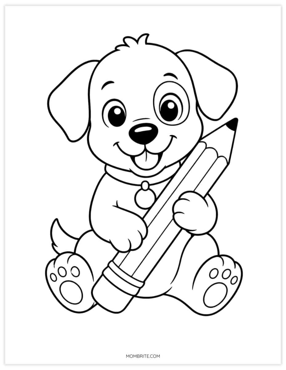 puppy holding a pencil coloring page