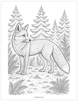 Realistic fox standing in the forest coloring page