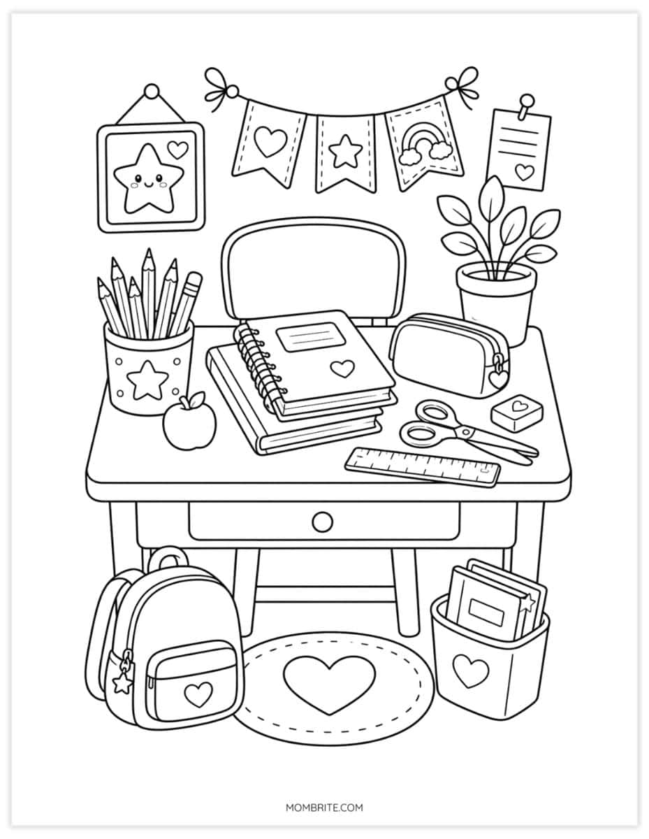 school desk with supplies coloring page for kids