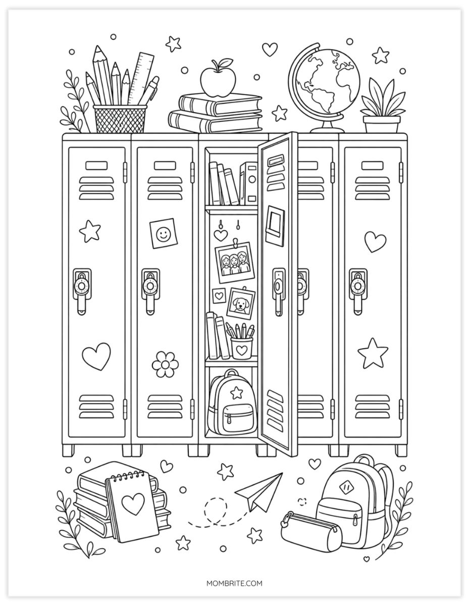 school locker row coloring page for tweens