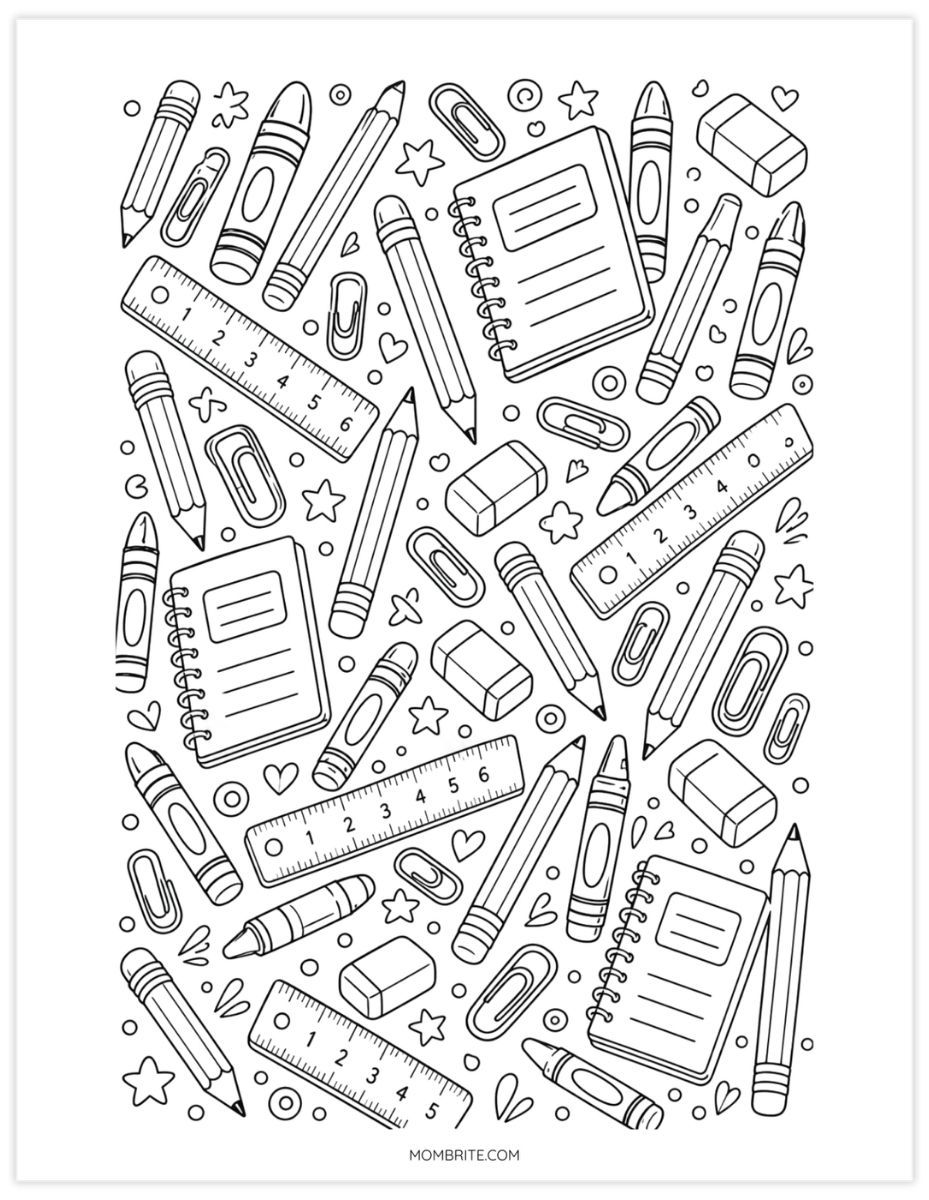 school supplies doodle pattern coloring page