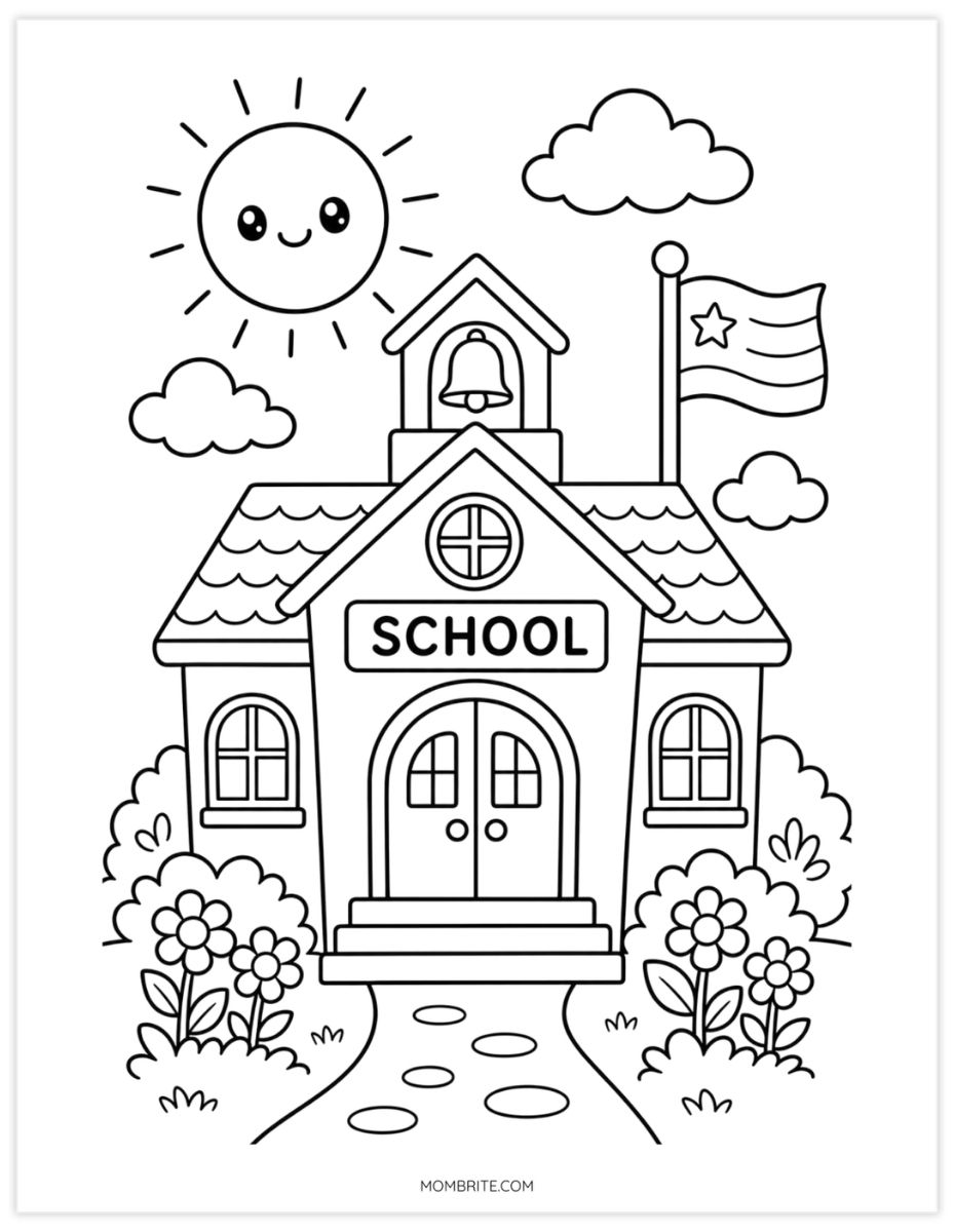 schoolhouse with flag coloring page for kids