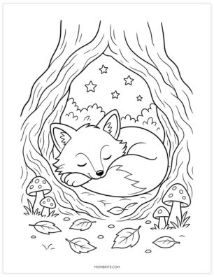 Sleeping fox in a cozy den coloring page