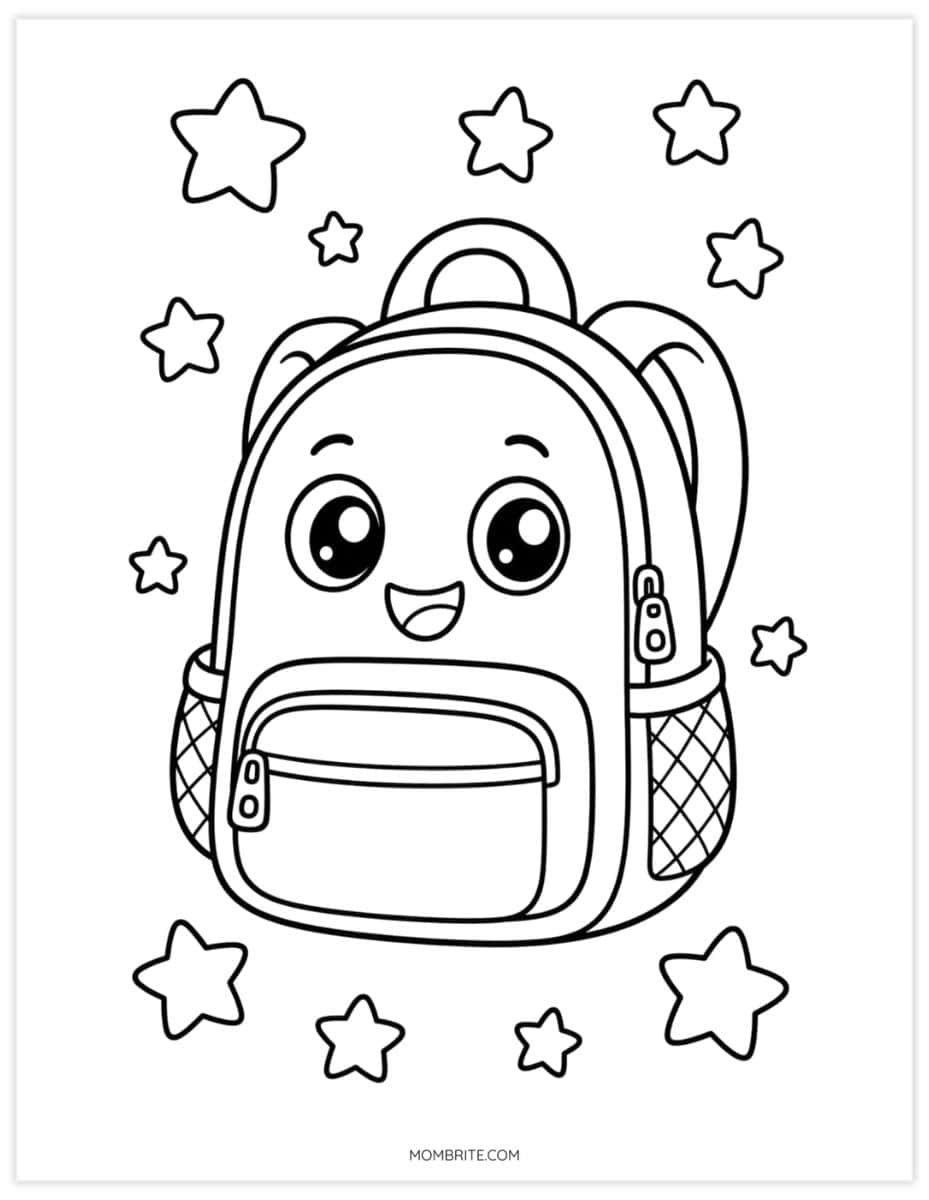 smiling backpack with stars coloring page for preschoolers