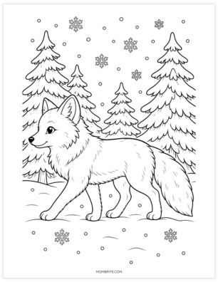 Snow fox walking through a winter forest coloring page