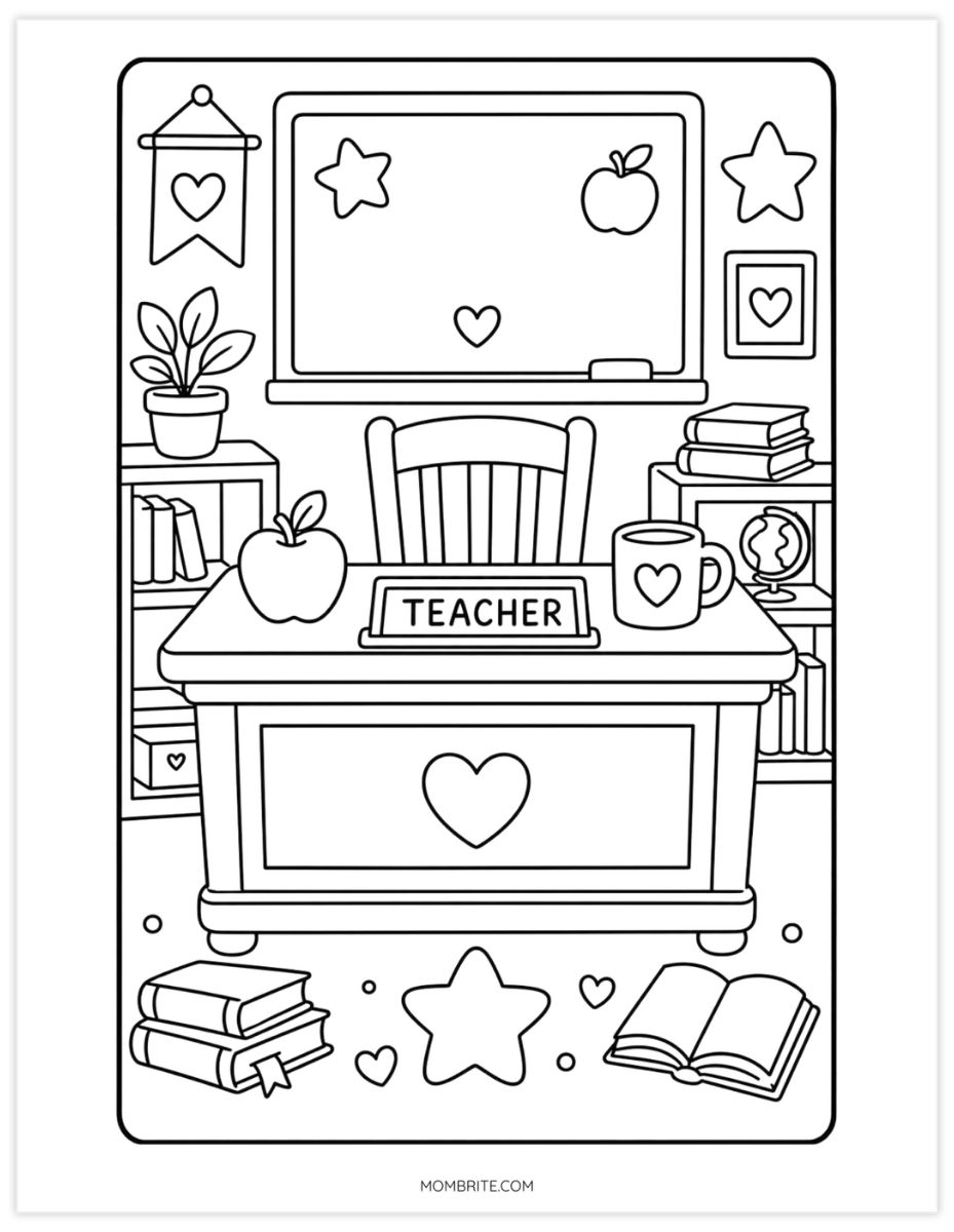 teacher desk with apple coloring page