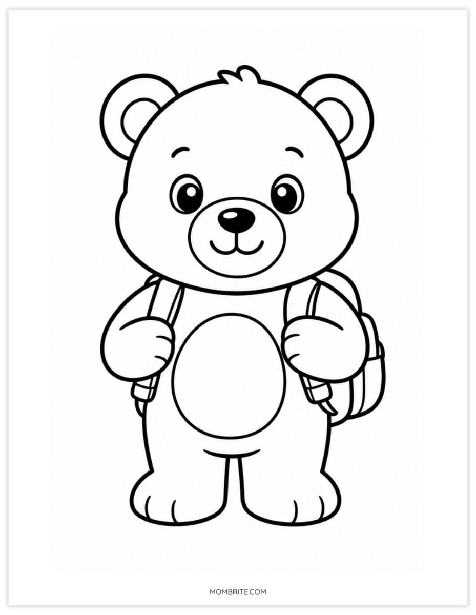 teddy bear wearing backpack coloring page