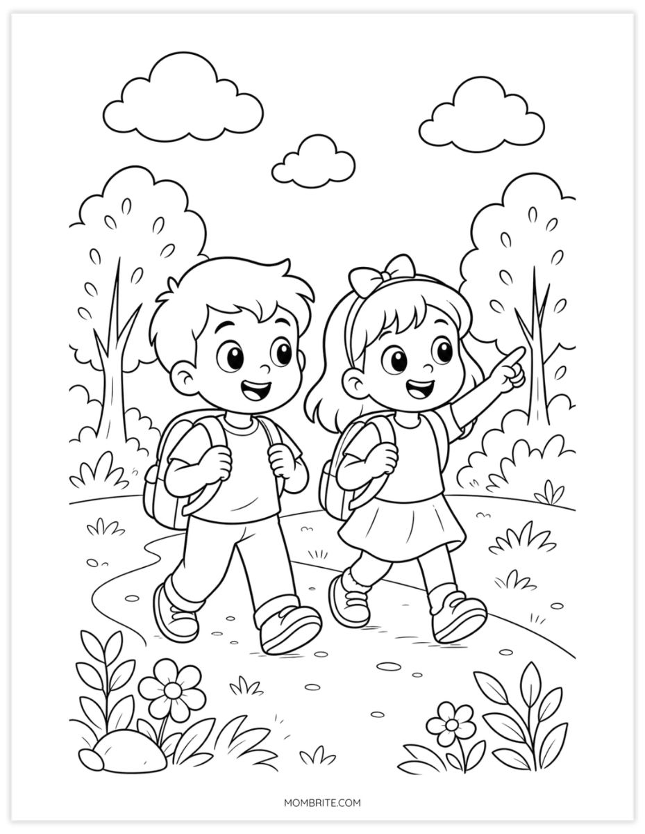 two friends walking to school coloring page