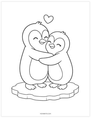 Two penguins hugging with a heart coloring page