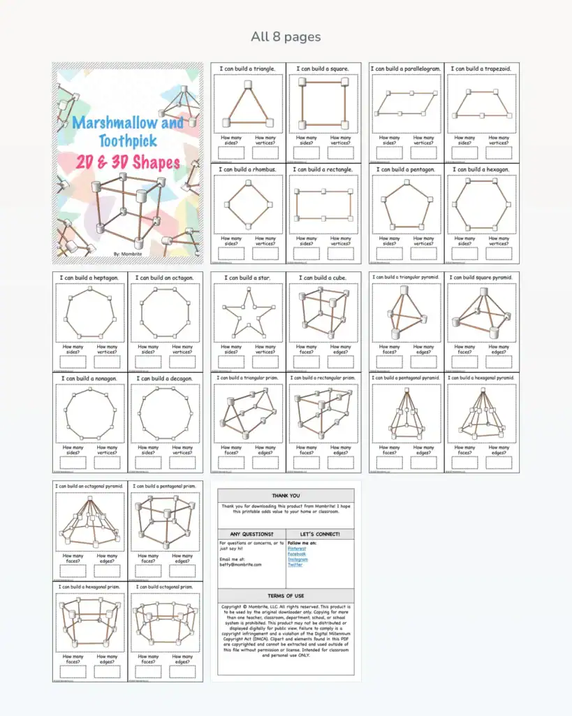 All 8 pages of the marshmallow geometry printable pack