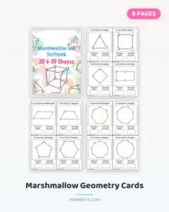 Printable marshmallow and toothpick geometry challenge cards showing 2D and 3D shape builds.