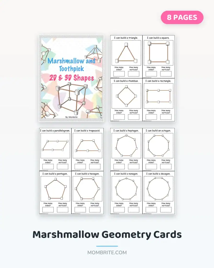 Printable marshmallow and toothpick geometry challenge cards showing 2D and 3D shape builds.